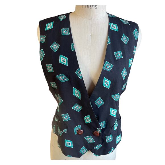 Vintage 90s Worthington Vest in Black w/ Blue Print Size Medium - Picture 1 of 6